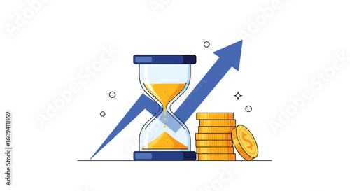 Hourglass with rising arrow and coins representing time and financial growth