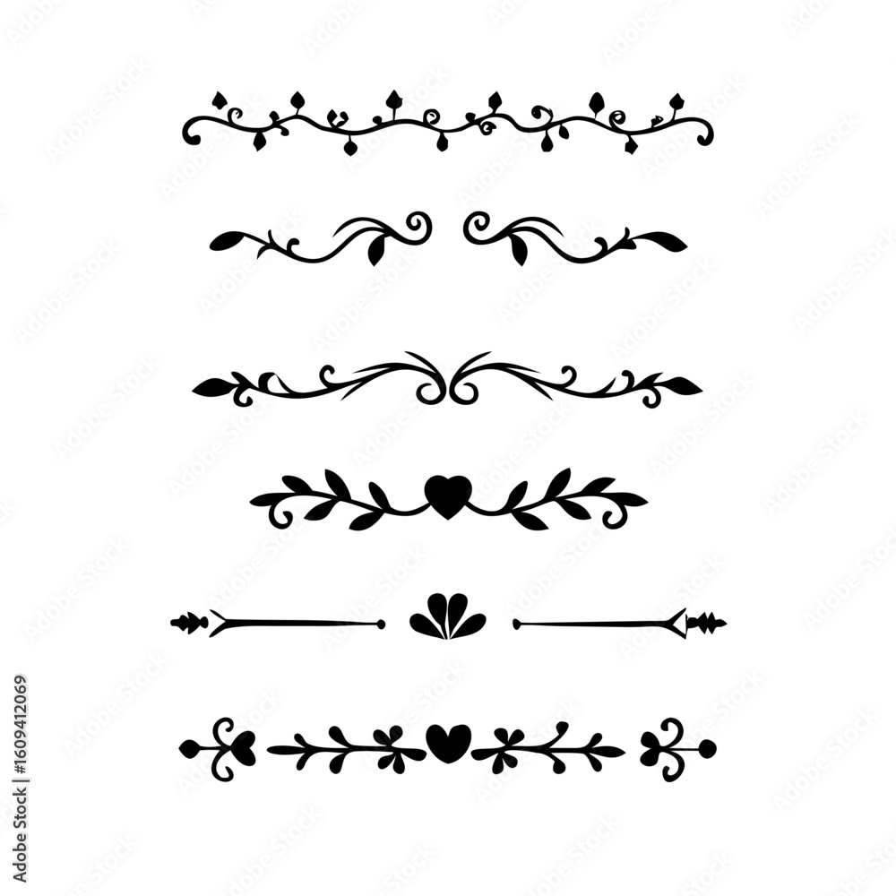 Obraz premium Decorative simple divider. Text dividers retro minimal line separators, Vector isolated geometric wedding card heart separator elements set. Text dividers. . Hand drawn vector illustration. 