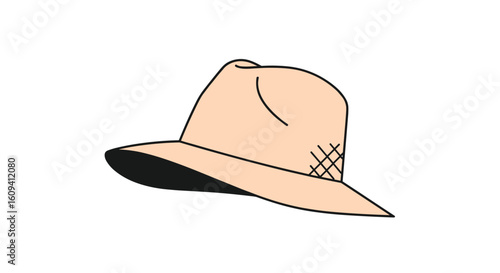A light-colored fedora hat with a dark brim and a patterned band tilted to the side against a white background