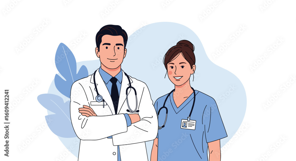 Two healthcare professionals standing together ready to serve patients with care Two healthcare professionals standing together ready to serve patients with care