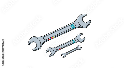 Set of three adjustable combination wrenches of various sizes for mechanical work