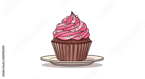 A delightful chocolate cupcake adorned with pink frosting and sprinkles on a small plate