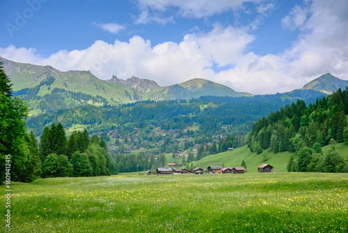 Charming alpine village in summer, surrounded by lush meadows, towering Swiss Alps, and traditional wooden chalets, Les Diablerets, Switzerland