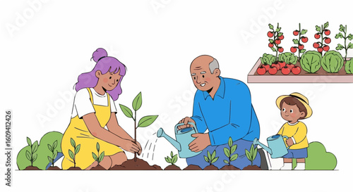 Sustentability family gardening together planting vegetables and watering plants in garden illustration for blog post vector