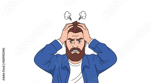 Frustrated man holds head in hands steam coming from his ears intense anger and stress