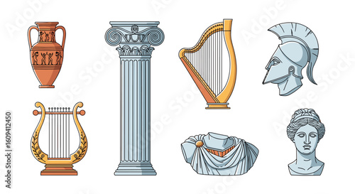 Collection of ancient greek artifacts and symbols showcasing historical artistry and cultural heritage