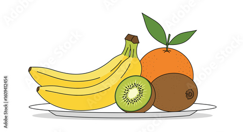 A colorful arrangement of fresh fruits including bananas kiwis and oranges on a plate
