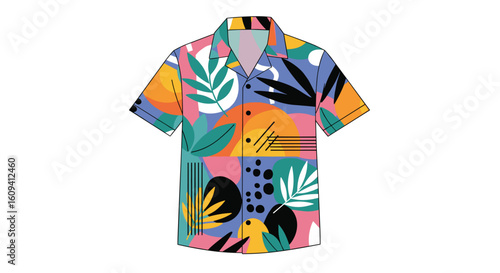Vibrant tropical abstract floral print short sleeve button up shirt for men