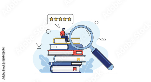 Expert book reviewer examining literature stack with magnifying glass and positive feedback