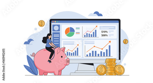 Financial growth strategy visualized through data analysis and piggy bank savings