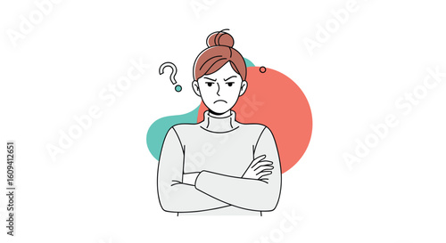 Woman with arms crossed looking confused with a question mark above her head illustration
