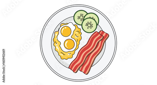 Delicious breakfast plate with fried eggs crispy bacon slices and fresh cucumber medallions