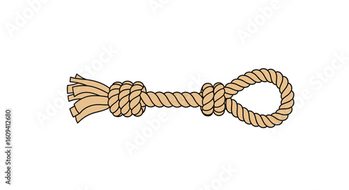 Illustrating a thick twisted natural fiber rope with two distinct knots and a loop