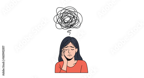 A young woman experiences overwhelming anxiety and distress feeling confused and troubled by racing thoughts