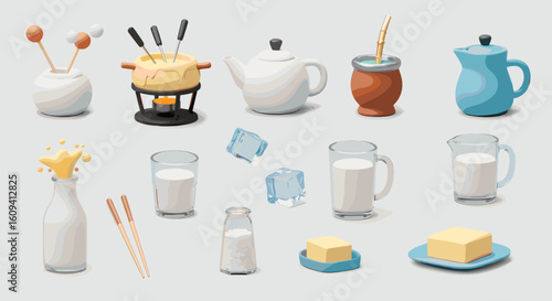 Dairy Delights: A Cartoonish Still Life Featuring Milk, Cheese, Butter and Teas