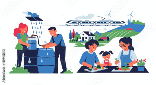 Sustentability sustainable living practices for eco friendly lifestyle promoting green energy and organic food production vector