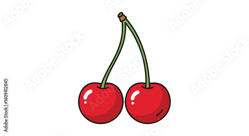 A pair of bright red cherries with green stems on a white background with a subtle sheen