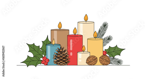 Festive candle arrangement with pinecones and holly berries for holiday celebrations