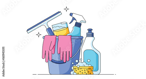 Cleaning supplies kit with bucket squeegee sponge gloves and bottles of liquid cleaner