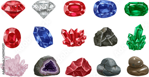 Collection of Colorful Gemstones and Crystals Arranged on White Background Illustration