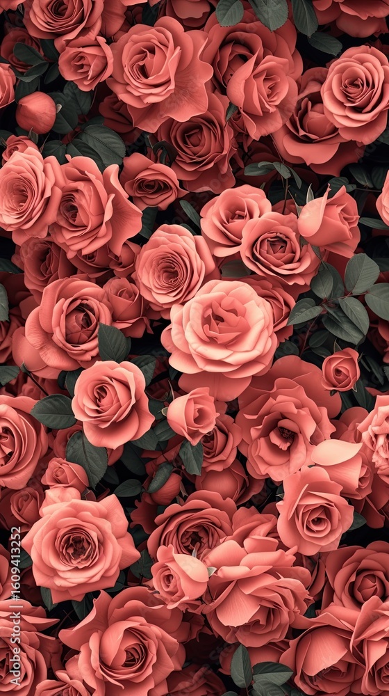 Naklejka premium Seamless pattern featuring soft peach roses symbolizing youth, femininity, and gratitude, ideal for textile design, stationery, packaging, and romantic backgrounds with gentle floral aesthetics