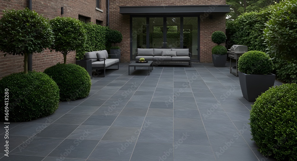 Fototapeta premium Sleek Modern Patio with Graphite Tiles, Sculpted Dark Green Topiary, Minimalist Outdoor Furniture, and Contemporary Garden Design for Stylish Home Entertaining Spaces