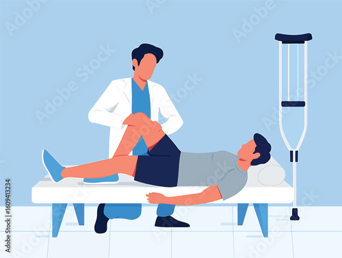 Physiotherapist examining a patient's injured knee during a rehabilitation session vector illustration