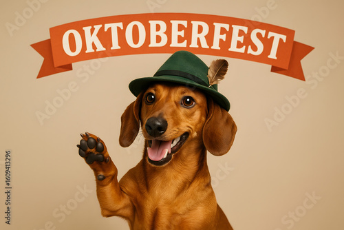 Happy dachshund wearing hat and waving for Oktoberfest celebration  