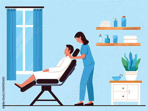 Professional therapist giving a relaxing neck massage to a man in a wellness center vector illustration.