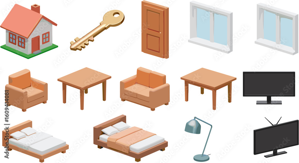Fototapeta premium Isometric House Interior Elements: Bed, Sofa, Table, Window, TV, Door and Key.