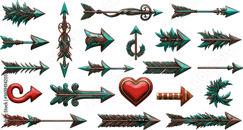 Ornate Arrow Collection: Decorative Directional Elements in Varied Styles and Colors on White