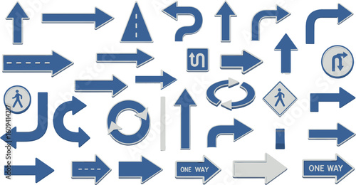 Assorted Blue Directional Arrows and Traffic Signs on White Background Displaying Guidance