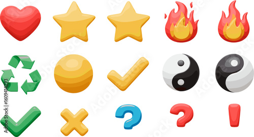 Diverse icon collection showcasing various symbols including heart, stars, recycling and classic game elements
