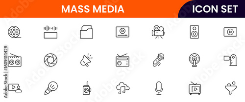Mass media vector line icons featuring newspapers, microphones, cameras, TV screens, broadcasting, social media, journalism, communication, and news distribution symbols.