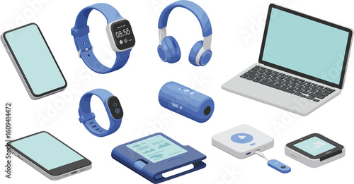 Blue Technology Isometric Illustration Showcasing a Collection of Smart Devices and Accessories