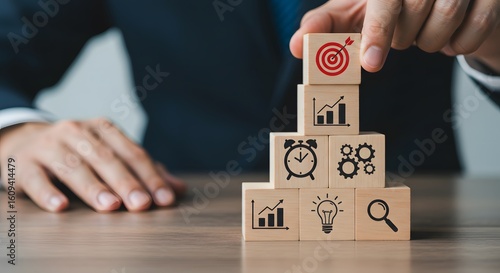 Strategic business planning with wooden blocks leading to success and achieving goals with innovative thinking