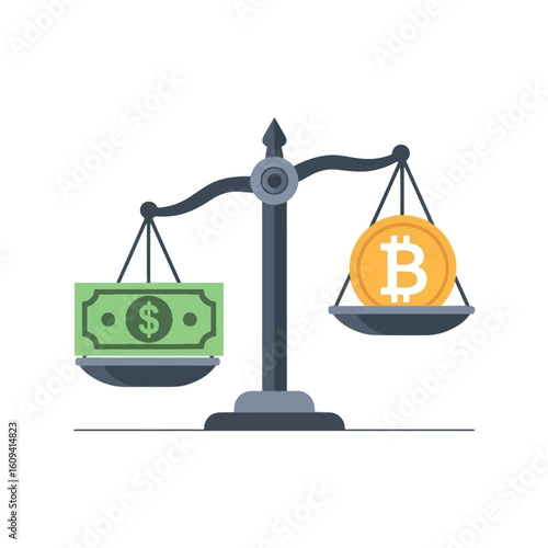 Bitcoin versus dollar: a balance scale weighs cryptocurrency against fiat currency.