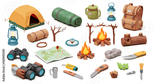 Camping Adventure: Top-Down Arrangement of Essential Gear and Equipment for Outdoor Explorations