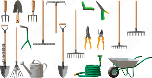 Garden Tools Collection: Essential Implements for Yard Work and Landscaping Projects Depicted