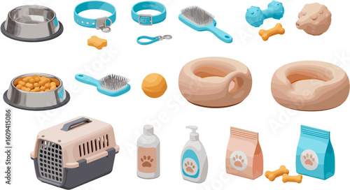 Collection of Essential Pet Care Supplies for Dogs and Cats on White