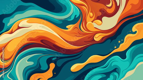 Vector art of an artistic composition of flowing abstract shapes in teal, orange, and red creates a visually captivating and dynamic display