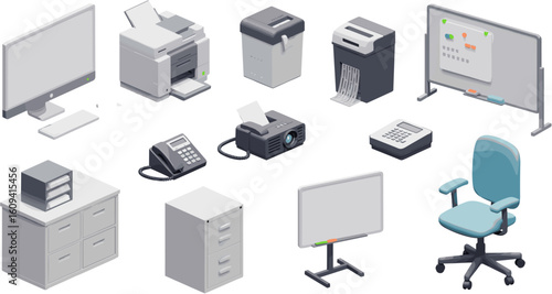 Isometric Office Equipment Set: Monitor, Printer, Shredder, Projector, Desk and Chair