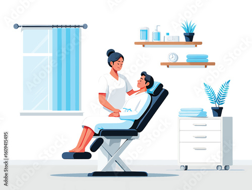 Esthetician giving a man a rejuvenating facial treatment in a modern beauty spa clinic.