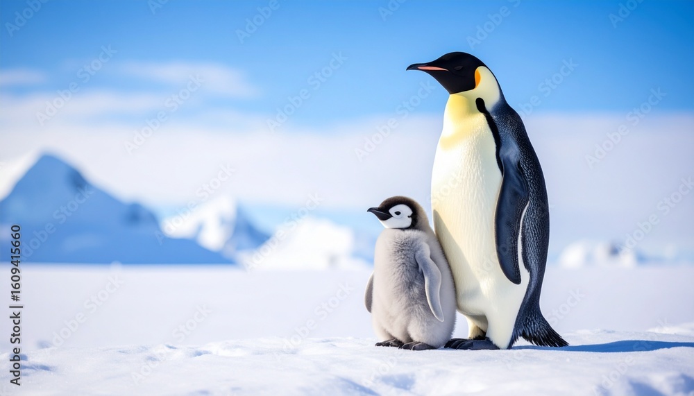 Fototapeta premium 南極のコウテイペンギンの親子のポートレート 