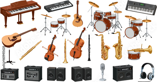 Assorted Musical Instruments Collection Featuring Keyboard, Guitar, Drums, Saxophone, and More Gear