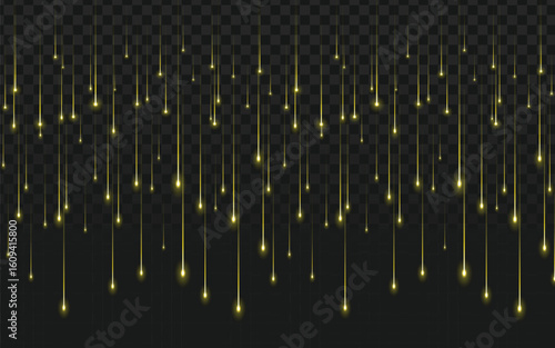 Dynamic falling golden light particles and shimmering streaks on a transparent background, ideal for elegant overlays, magical effects, and festive designs.