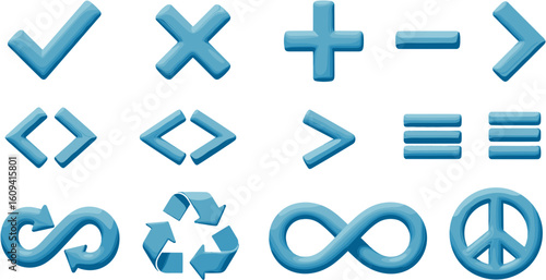 Collection of Abstract Mathematical and Conceptual Symbols in Blue 3D Render Style
