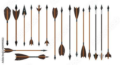 Collection of Arrows with Varied Points and Fletching Isolated on White Background
