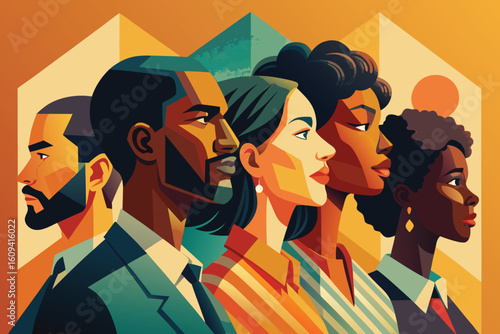 Flat Geometric Illustration with Abstract Shapes and Vibrant CMYK Color Palette