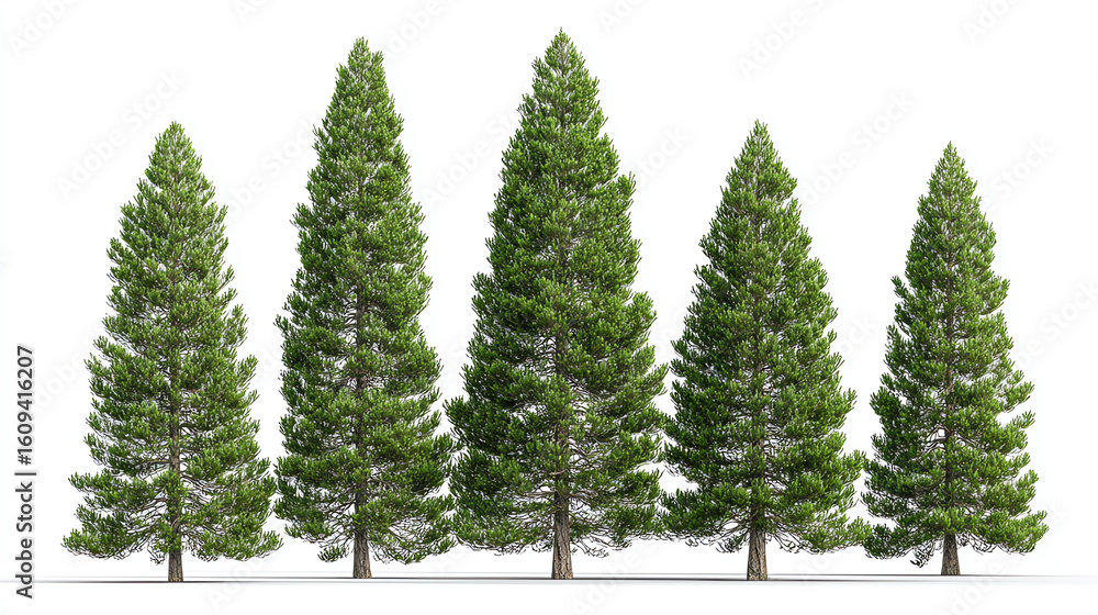 Fototapeta premium Five green pine trees with dense foliage arranged in a row on a white background, showcasing natural conical shapes and varying heights